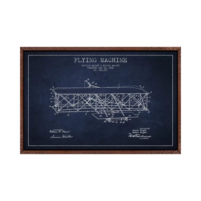 Airplane Navy Blue Patent Blueprint by Aged Pixel - Print on Canvas, White Framed, 101.6 cm H x 66.04 cm W