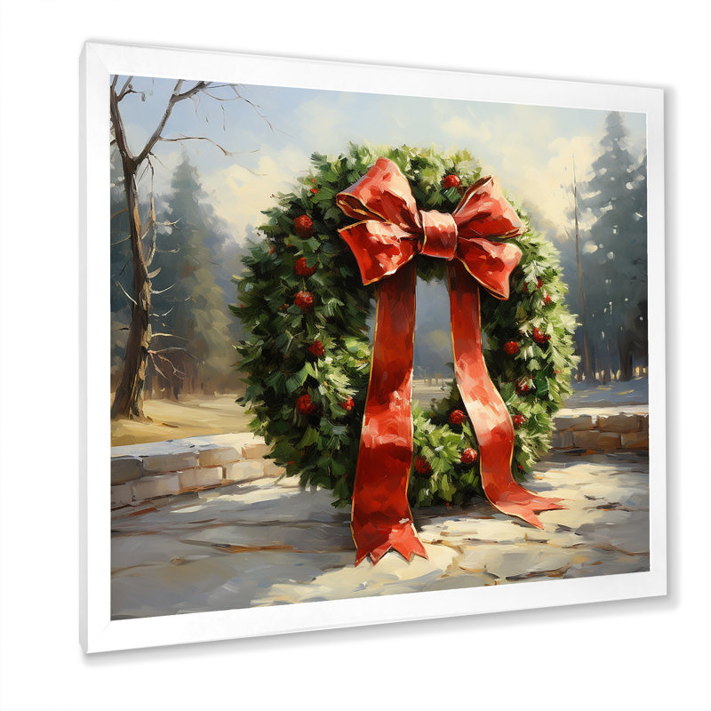 Couronne de Noël verte, hiver I - Couronne, art mural, Cadre simple blanc, H 36 po x l 36 po x P 1,5 po