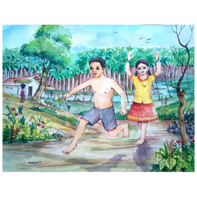 Childhood In A Village | Watercolor | Painting By Aneesh Bandadka