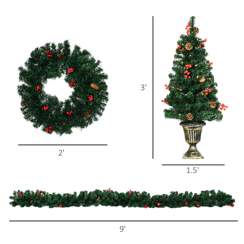 Collection Christmas Ornament 4 avec blanc chaud: baies rouges, pin, 2 feuillages d'entrée, arbres sécurisés