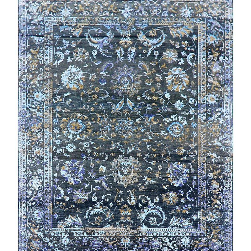 Tapis gris foncé et multicolore de haute qualité noué à la main, Rectangle 8 pi x 10 pi