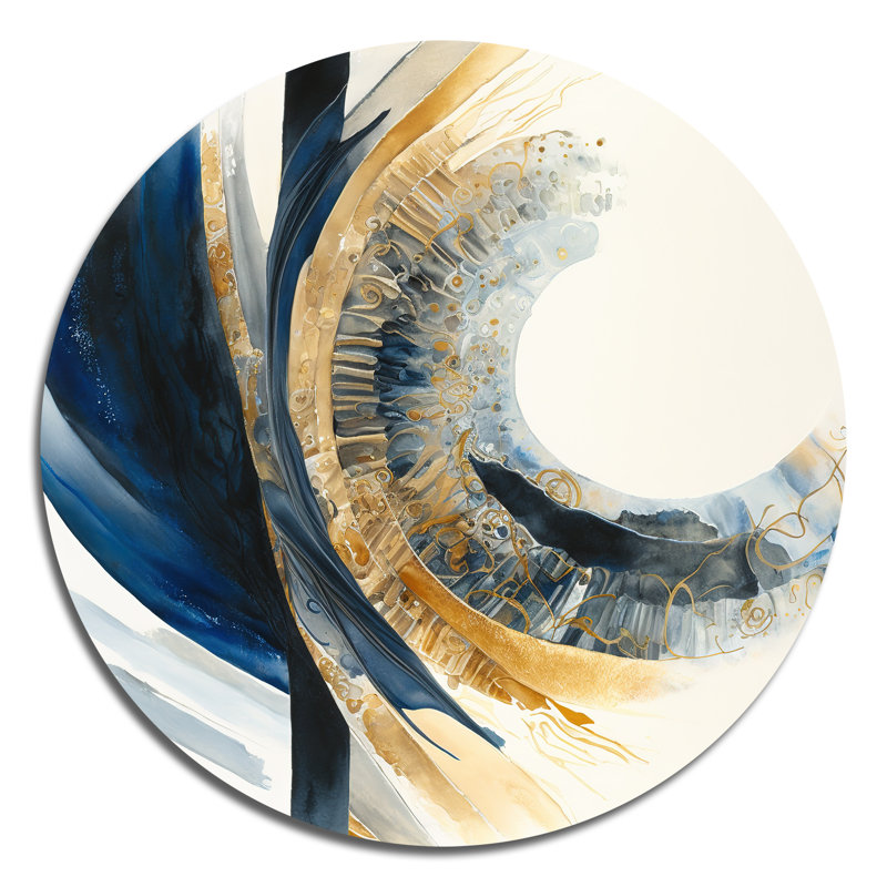 «Blue and Gold Swirl Abstract IV - Abstract Spirals», art mural rond sur métal, L 23 po x H 23 po