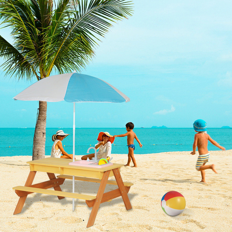 Table de pique-nique en bois pour enfants avec parasol, table d'activité de sable et d'eau pour la cour extérieure