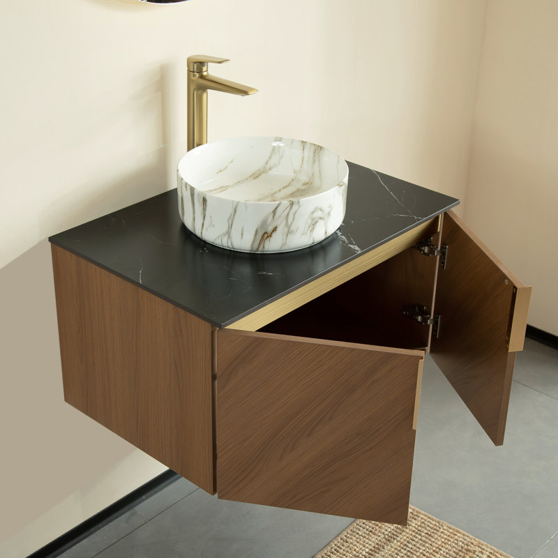 Meuble-lavabo flottant avec lavabo vasque, Rond, 30", Blanc / céramique grise