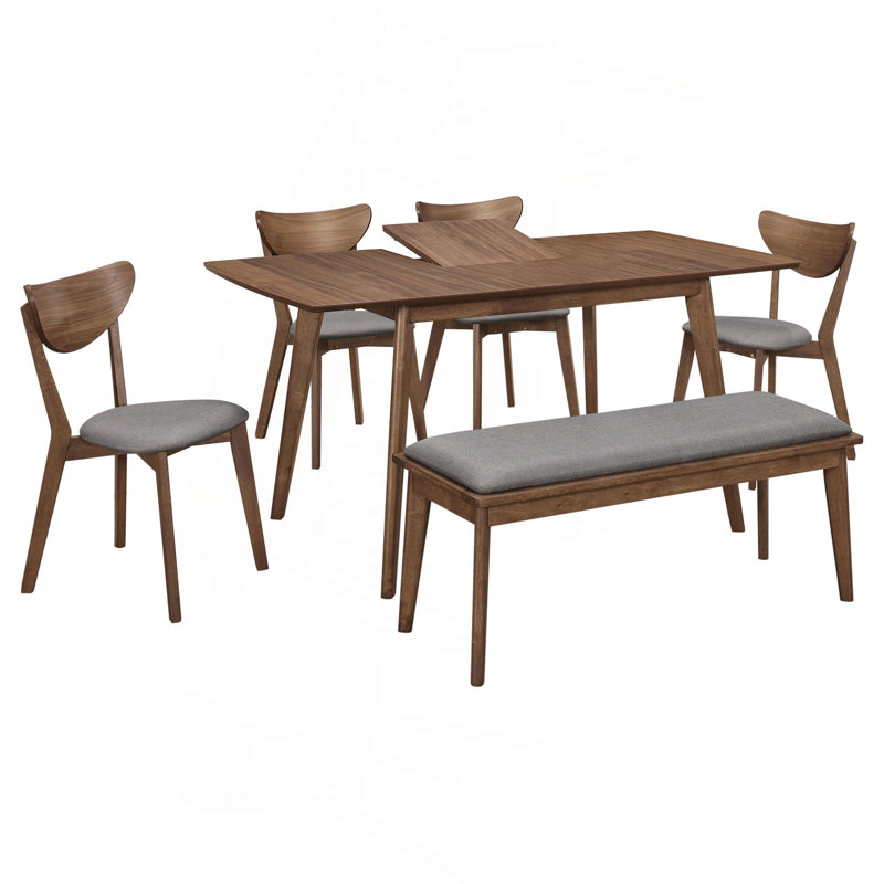 Grey And Natural Walnut Dining Set, 6 Pieces: Table, Bench, 4 Chairs