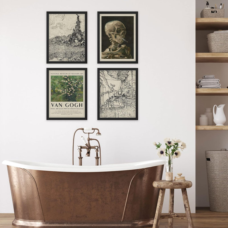 Vincent Van Gogh fumant des roses squelettes, art mural encadré 4 pièces, H 14 po x l 11 po x P 1 po, Blanc