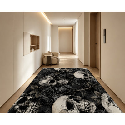 Tapis gothique à tête de mort rose, motif floral noir et blanc à motif de crânes, tapis antidérapant de conception artistique, décoration intérieure élégante pour le salon, la chambre à coucher, le dortoir, un appartement
