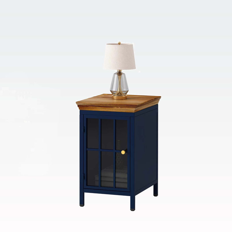 Rheuben Nightstand with Storage Cabinet, Bedside Table Sofa Side Coffee Table, Dark Blue/Natural
