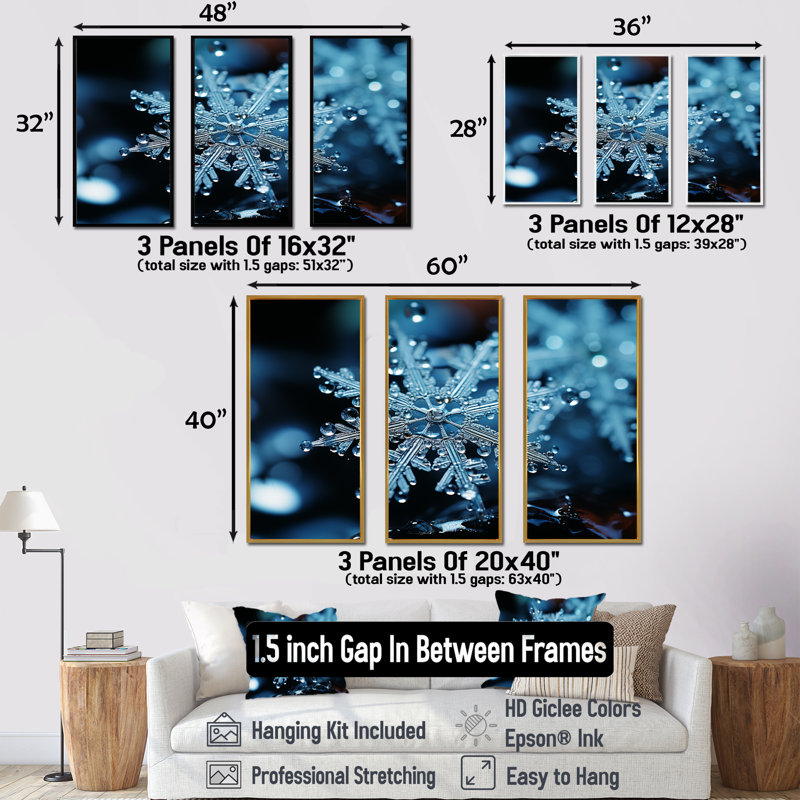 «Blue Snowflake Holiday III - Winter Landscape», art mural, H 28 po x l 36 po x P 1 po, Cadre flottant doré