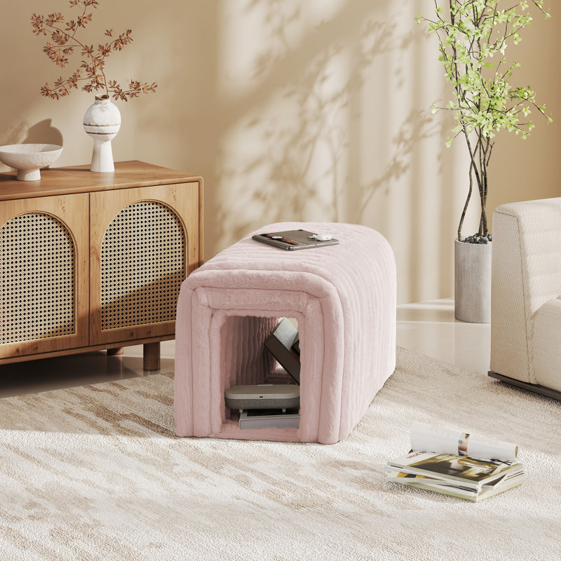 Corduroy Storage Ottoman Bench with Arch Design, Faux Fur Pet Nook and Hidden Compartment for Living Room, Beige, Pink