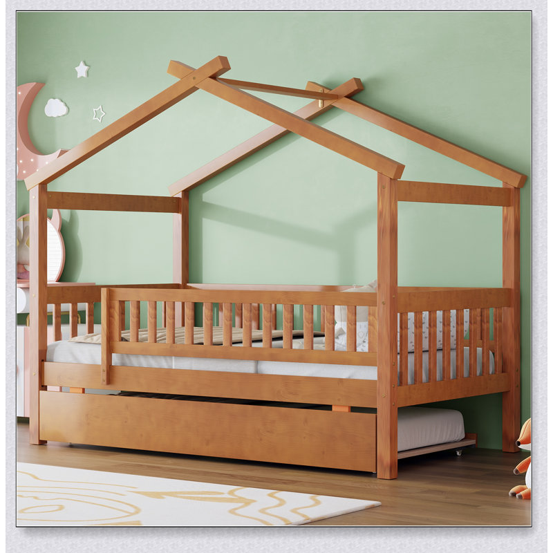 Wooden House Bed With Trundle, Walnut
