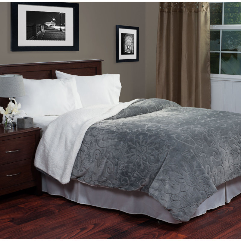 Grey Full/Queen Floral Etched Fleece Blanket with Sherpa