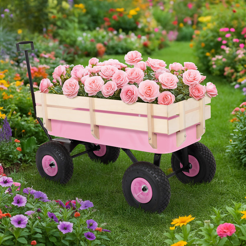 Chariot de jardin avec clôture et roues, Rose