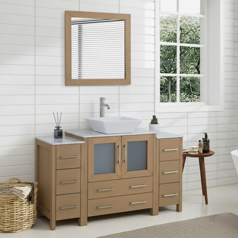 Ravenna 54" Freestanding Single Sink Bathroom Vanity with Engineered Marble Top and Matching Mirror, Natural Oak
