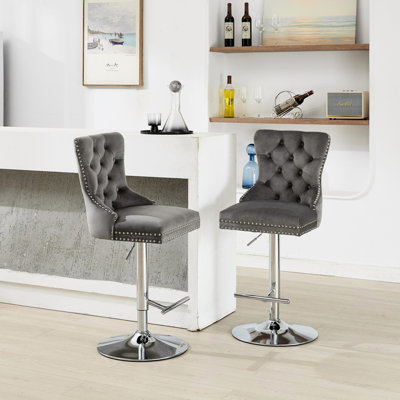 Épais velours pivotant gris de 2, réglable de 25 à 33 po de hauteur, avec boutons, siège à ressorts, en éponge et à ressorts pour tables de pub et îlots de cuisine, hauteur 2, base moderne rembourrée de 17,7 po, boutons Home
