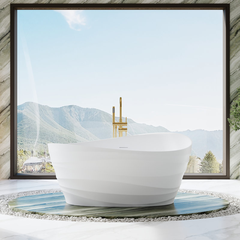 Baignoire de trempage autoportante à surface solide l 62 po x P 35 po avec bonde escamotable et trop-plein à rainure, blanc