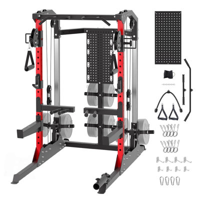 2000LB Power Rack with Dual Pulley System, Adjustable Cable Crossover & Multi-Function Squat Stand for Home Gym-RED