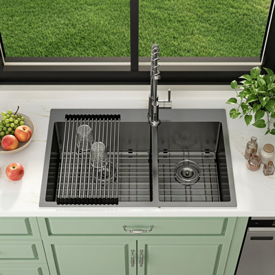 33" L x 22" W Drop-in Double Bowl 60/40 Kitchen Sink Gunmetal Black 16 Gauge Stainless Steel Sink