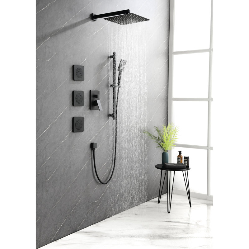 Matte Black Shower With Head, Hand Shower, Slide Bar, Bodysprays. Arm, Hose, Valve Trim, Lever Handles. Natural Water Immersion. . Brass System Style. Bodysprays, Rainlike Experience. Brass. Wall