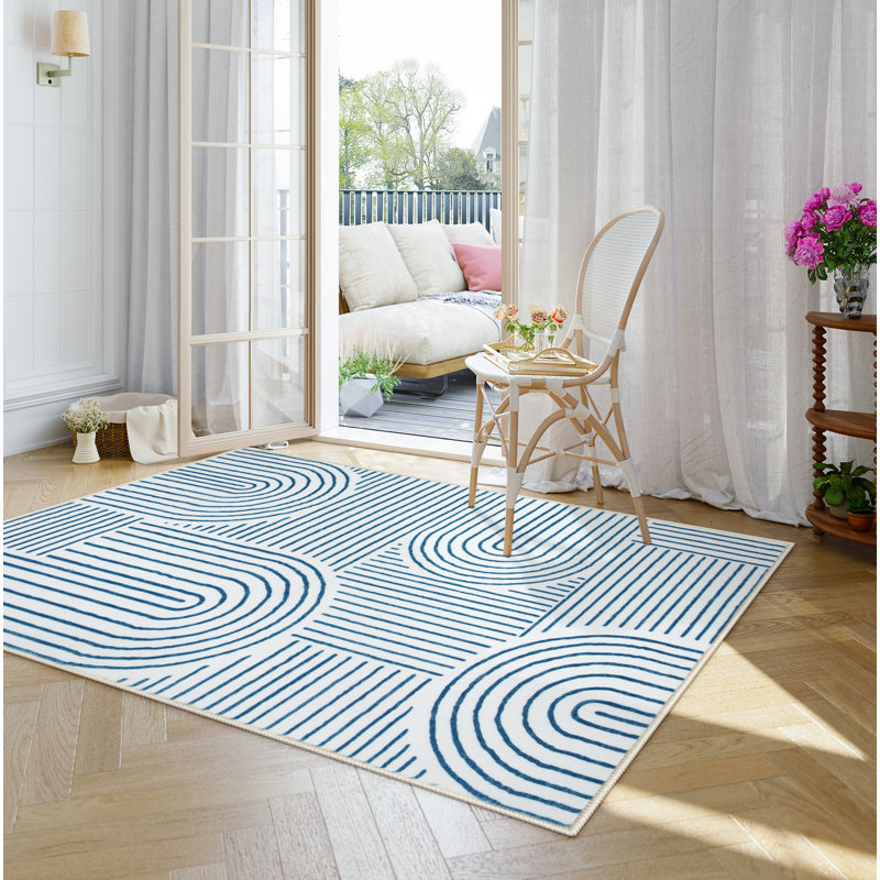 Celeta Washable Abstract Japandi Rainbow Striped Blue Area Rug - Colorful Modern Carpet for Living Room, Bedroom, or Office Decor