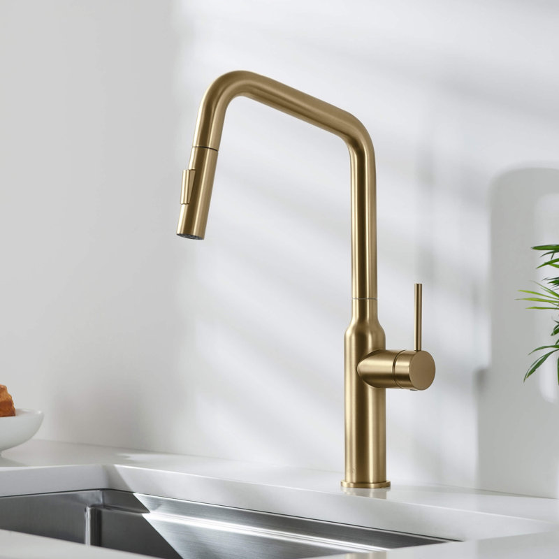 Robinet de cuisine à poignée simple avec accessoires Macon, Sans distributeur de savon, Laiton brossé