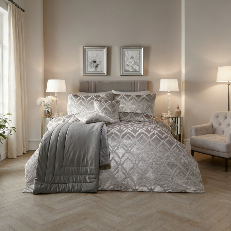 Geometric Duvet Cover Set, Kingsize Duvet Cover + 2 Pillowcases, Silver Geometric