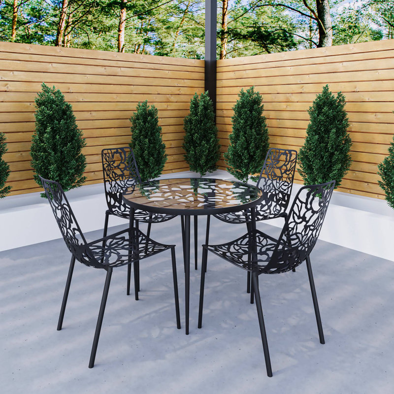 Houser 5-Piece Dining Set with Round Glass Dining Table and 4 Dining Side Chair in Aluminum, Black