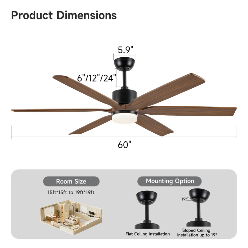 Ventilateur de plafond 60 po avec lumière, ventilateur de ferme 6 pales en bois massif, contrôle intelligent, moteur CC réversible silencieux, vent naturel, 3 tiges incluses
