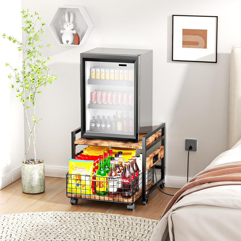 Mini Fridge Stand With Large Storage Wheels Socket Mini Fridge Table Mini Fridge Cabinet With 220 LBS Capacity With Charging Station