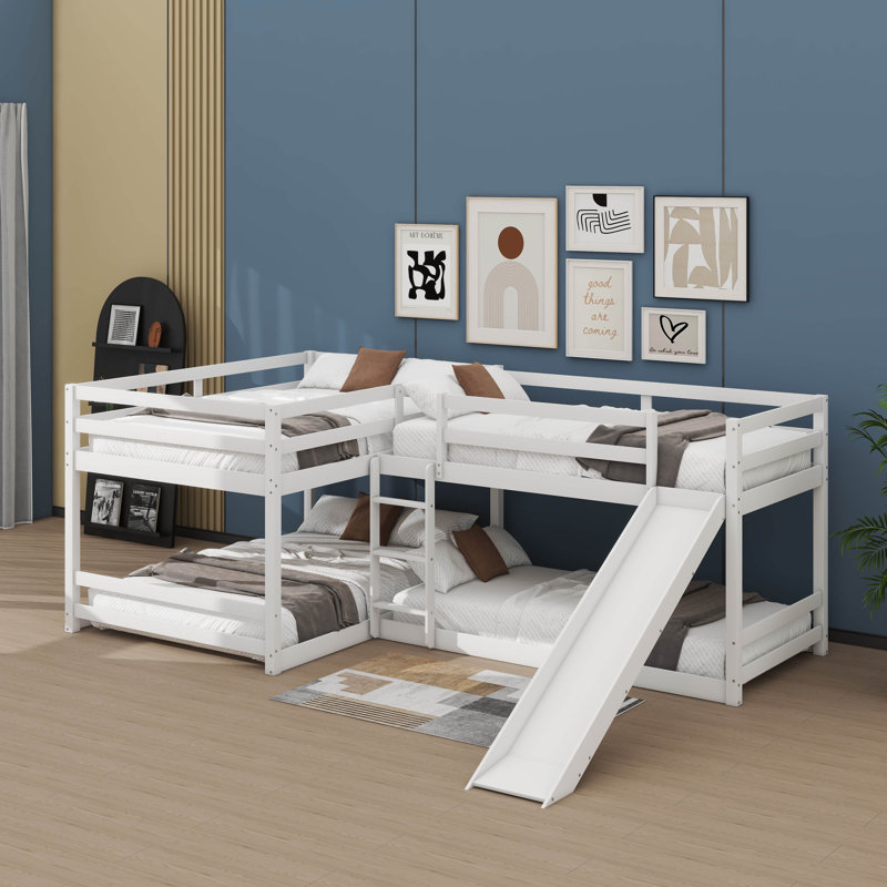 Lit superposé en forme de L en taille double avec glissade et échelle d'accès compacte, Blanc