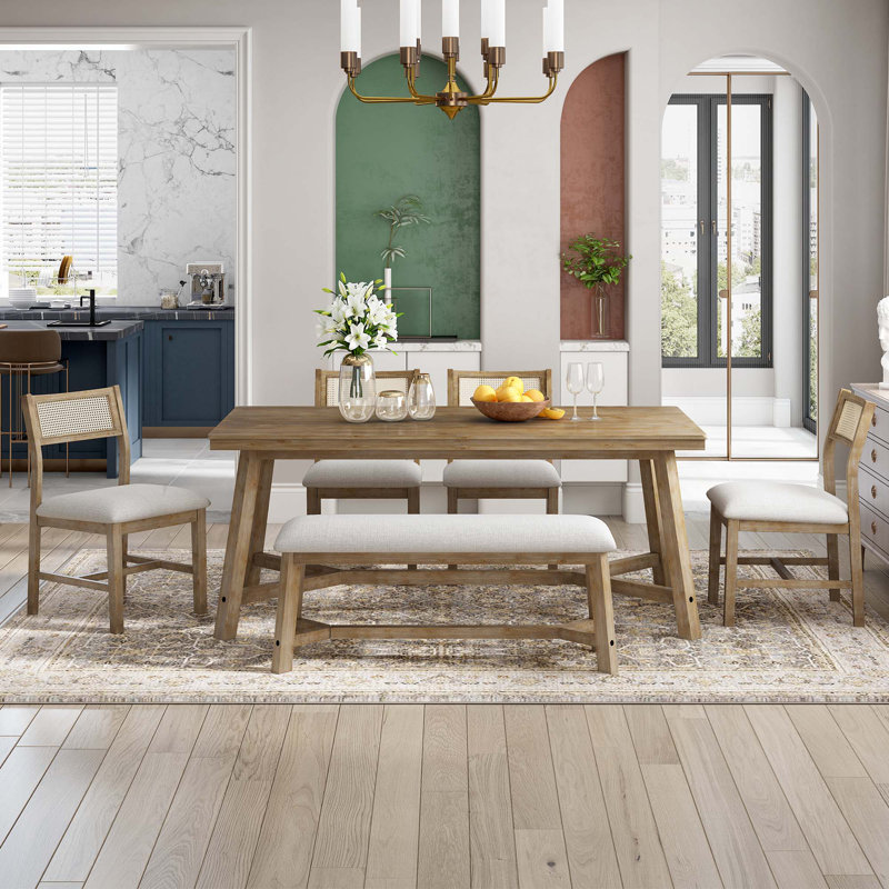 6-Piece Retro Farmhouse Style Dining Set, Brown, Natural Wood Wash, Natural Wood Wash