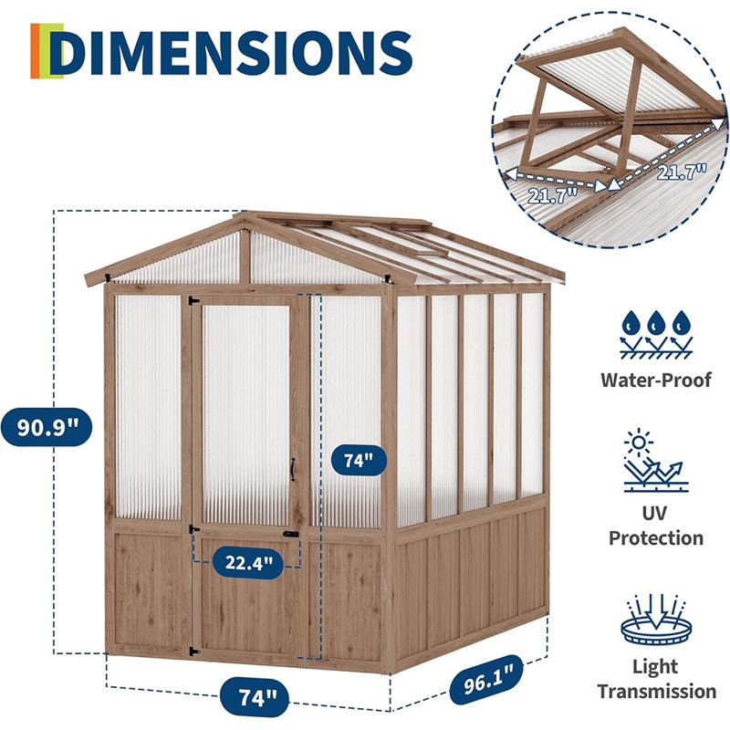 6x8 ft / 8x10 ft Wooden Walk-In Greenhouse with Cedar Frame, Polycarbonate Panels, and Adjustable Roof Vent for Outdoor Gardening