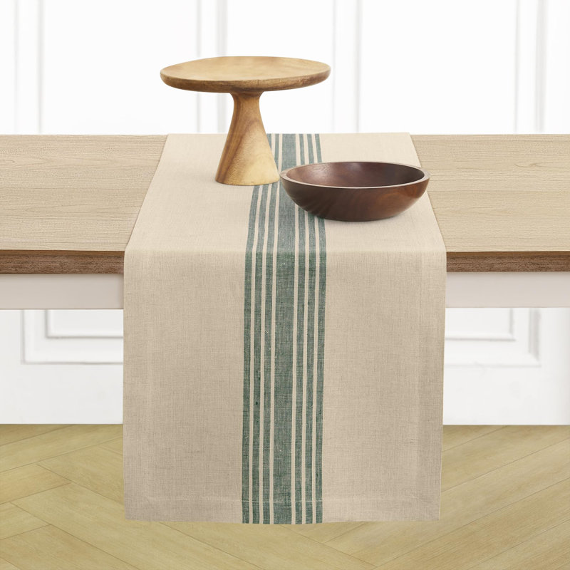 Farmhouse - 100% Pure Linen Table Runner, 72" x 14", Green/Natural