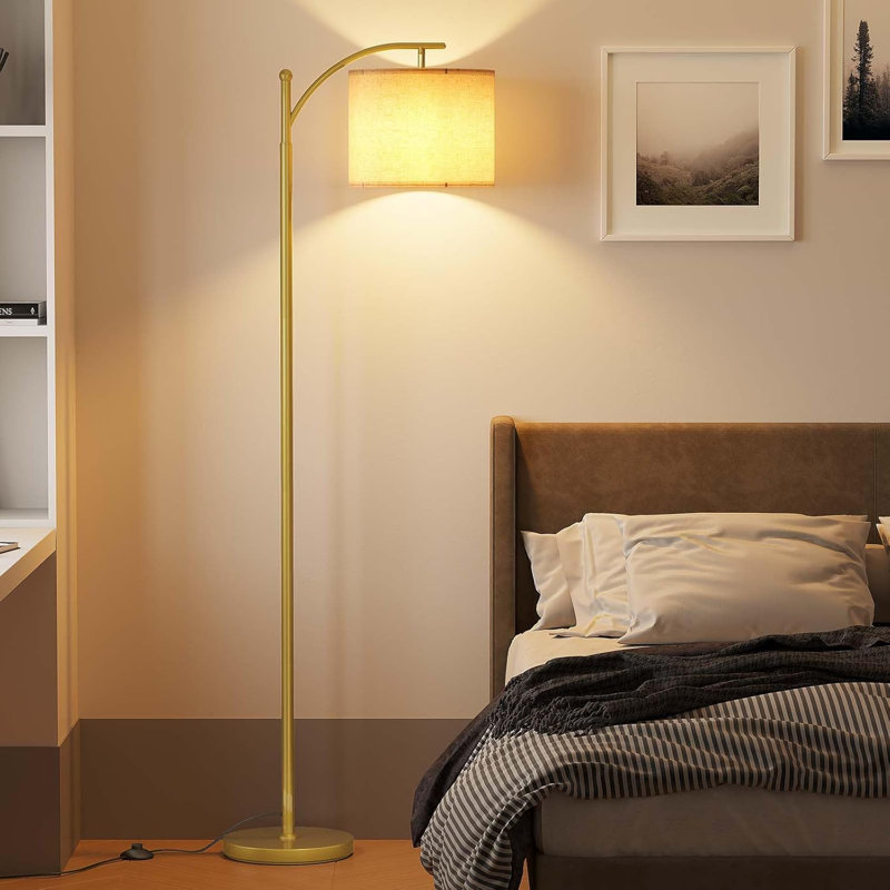 Modern Arc Floor Lamp With Adjustable Hanging Shade And 3 Colour Led Bulb - Gold