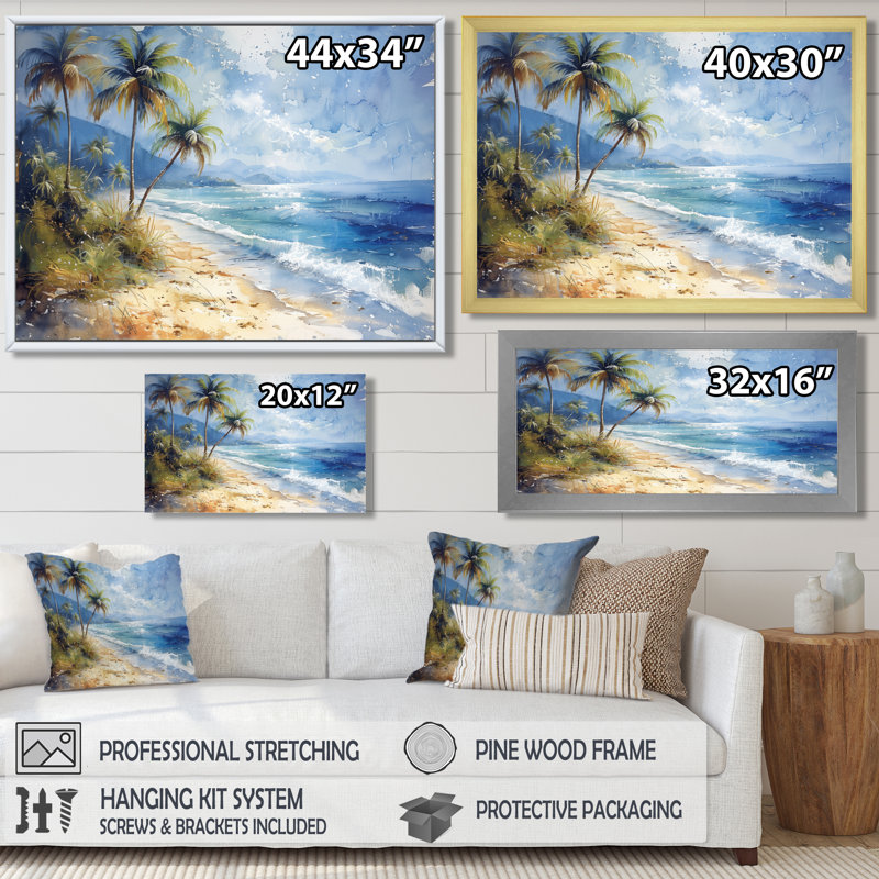 «Blue Green Palm Trees Coastal Breeze I» - art mural palmiers et palmiers, Toile tendue, H 12 po x l 20 po