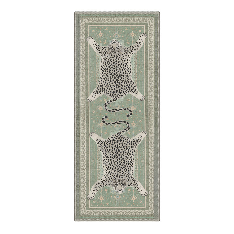 Tapis vert à imprimé léopard Alinda, Sage Green, Tapis de couloir de 2 pi x 7 pi