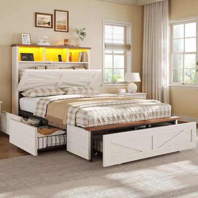 Wood Twin Bed Frame with 5 Drawers and Spacious Storage Headboard Farmhouse LED Metal Platform Bed with Charging Station No Boxing Need