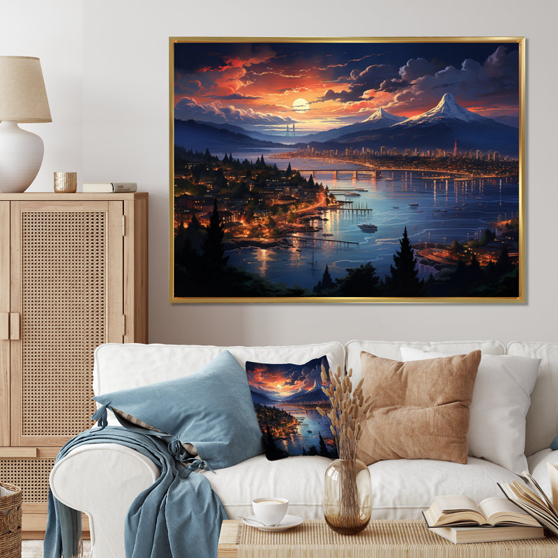 " Cityscape Mountain Twilight I ", 12" H x 20" W x 1" D, Black Floater Framed
