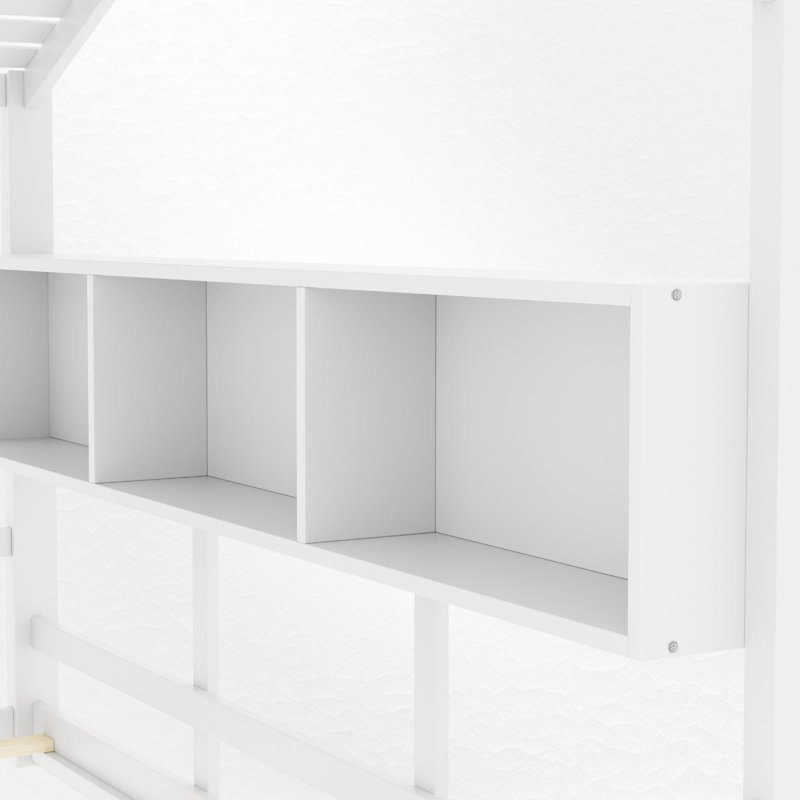 Lit sur pied en bois avec tablettes de rangement, Double, Blanc