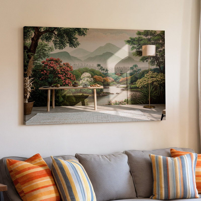Toile une scène intérieure sereine avec un art mural moderne et élégant avec un tapis texturé de couleur claire et un art mural minimaliste