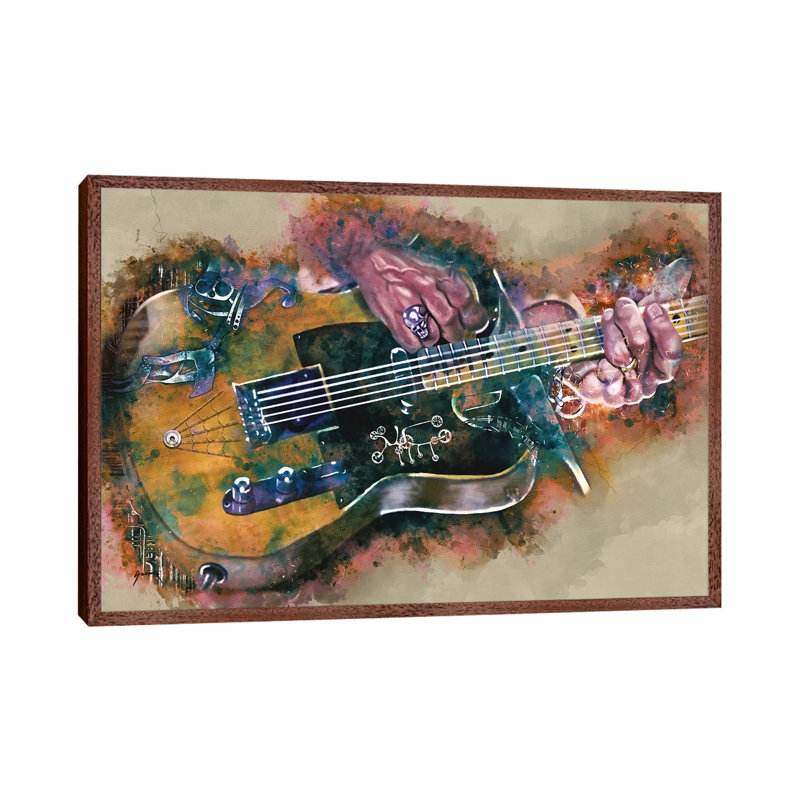 Keef's Steampunk Electric Guitar - Painting on Canvas, Classic Brown Wood Floater Framed, 66.04cm H x 101.6cm W x 3.81cm D