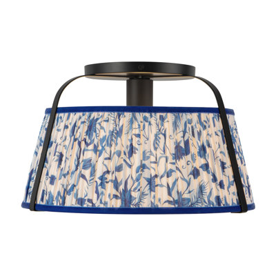 Scout 13-in Matte Black Semi-Flush Mount with Patterned Pleated Blue Linen Shade