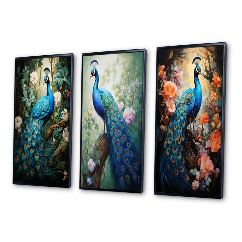 «Teal Peacock Monicol», 3 pièces sur toile, Cadre flottant noir, H 28 po x l 36 po