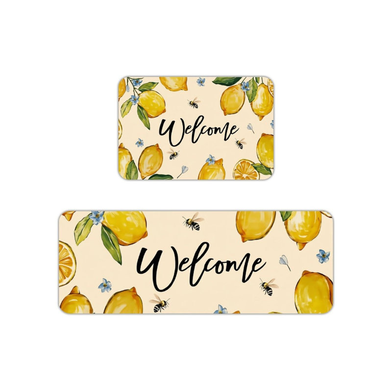 Tapis d'entrée pour la cuisine Lemon Bee Welcome, 2 pièces, jaune beige