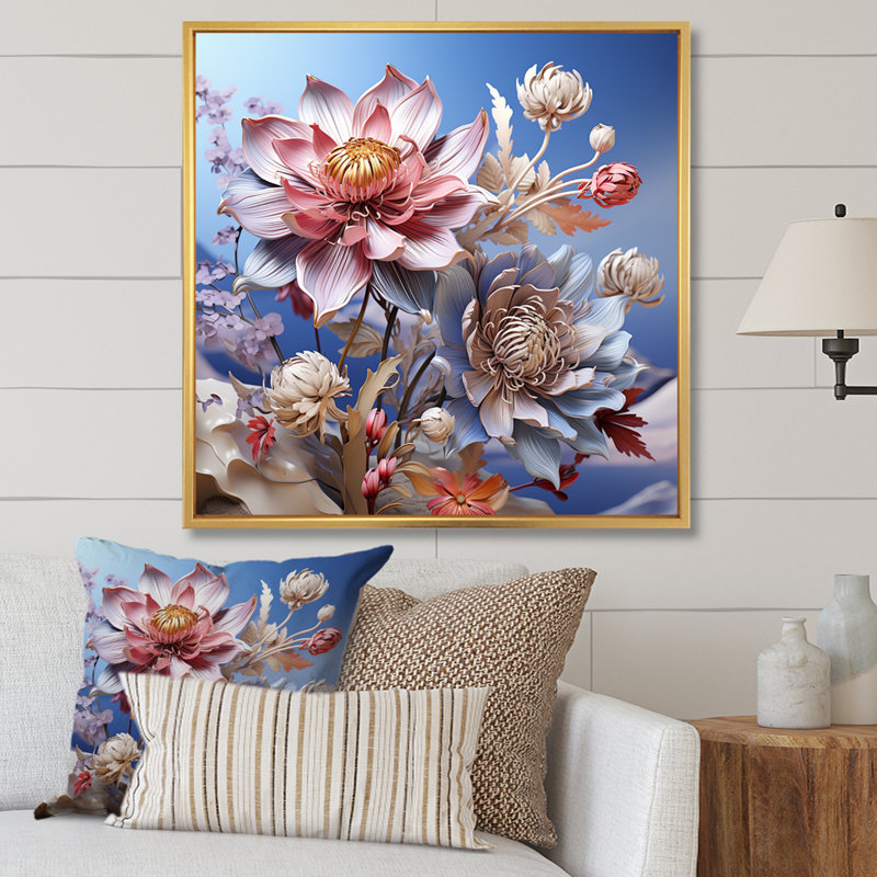 Améthyste Hues Zinnais Garden I - Zinnias, art mural sur toile, Cadre flottant doré, H 30 po x l 30 po