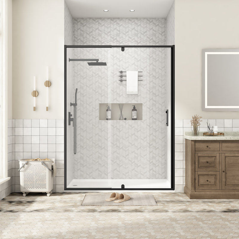 Porte de douche pivotante encadrée de 50 à 54 po L x 71 po H, en noir mat, avec verre trempé transparent de 1/4 po, pellicule anti-éclats et revêtement facile à nettoyer.