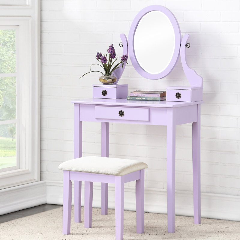 Coiffeuse chic en bois avec tabouret, argenté - 3 tiroirs, miroir réglable, Mauve