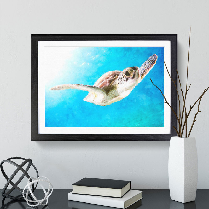 Green Turtle - Picture Frame Graphic Art Print, 62cm H x 87cm W x 2cm D, Black Framed