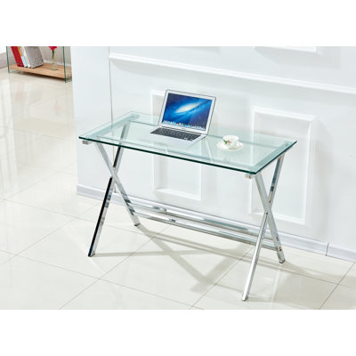 Bureau d'ordinateur en verre, table d'ordinateur portable en verre trempé transparent avec bureaux à bords arrondis, table de canapé