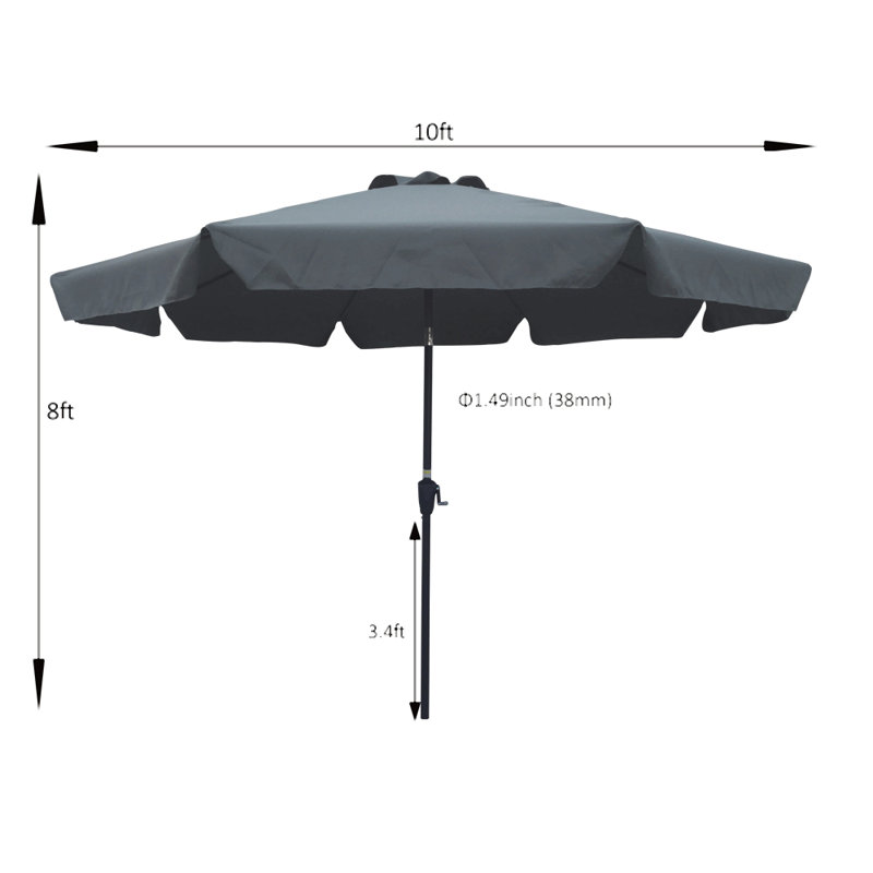 Parasol de patio extérieur 10 pi (3M) avec rabat, 8 pièces, avec inclinaison, avec manivelle, sans base, gris / anthracite, taille de poteau 38 mm (1,49 pouce)